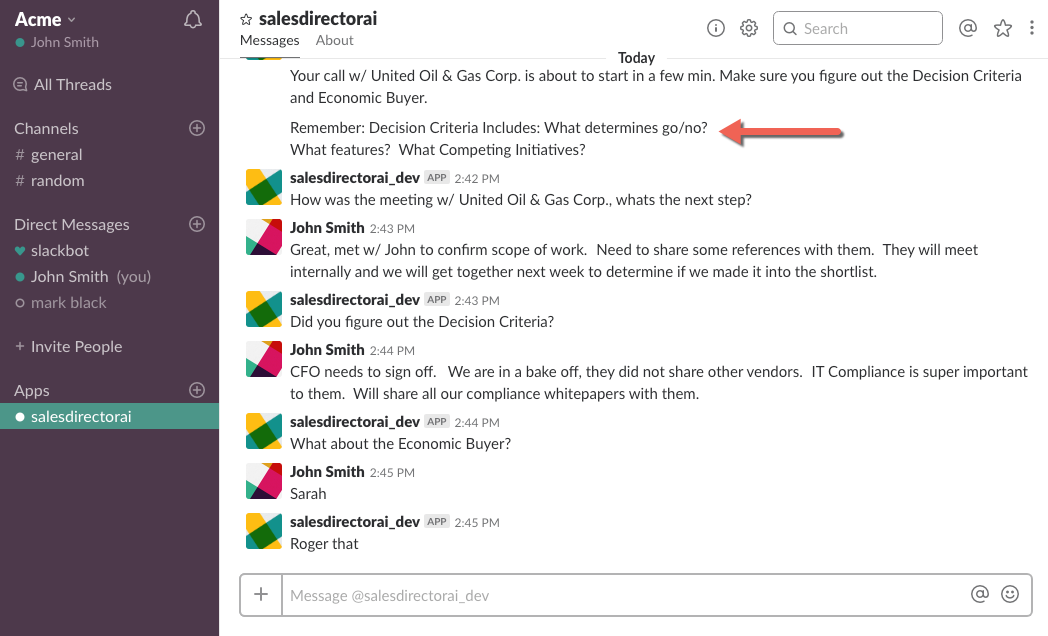 Slack sales coaching